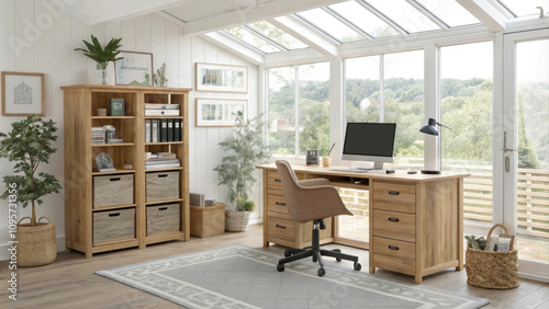 Modern home office with natural light and stylish decor