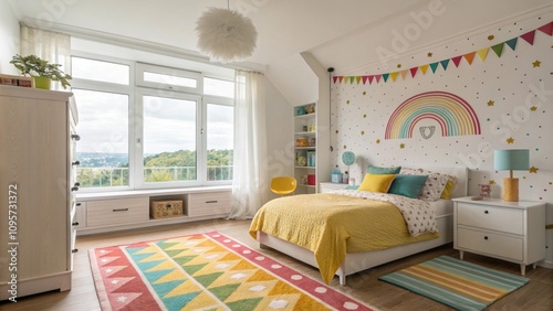 Bright and cheerful children's bedroom with rainbow decor
