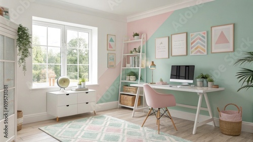 Stylish home office with pastel color scheme and natural light