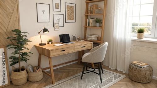 Stylish home office with natural elements and cozy decor
