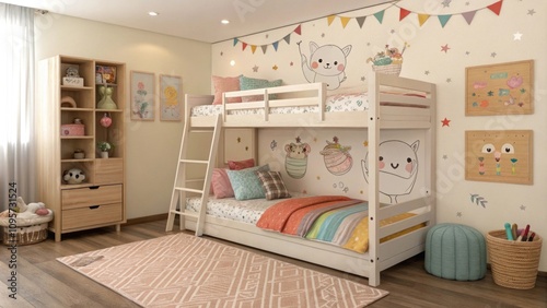 Cozy and colorful children's bedroom with bunk beds