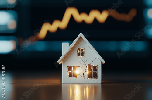 miniature house with visible cracks, set against a blurred background showing a downward graph, creating a symbolic representation of a housing market crash