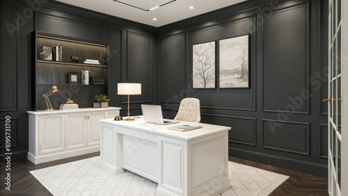 Elegant modern home office with dark walls and stylish decor