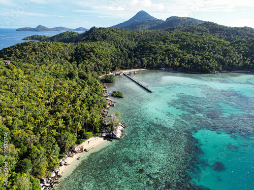 Indonesia Anambas Islands - Drone view Telaga Island coastline along the island