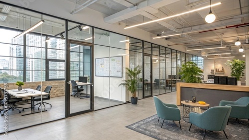 Modern open office space with glass partitions and greenery