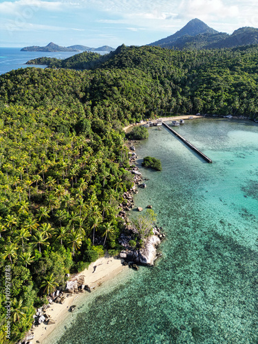 Indonesia Anambas Islands - Drone view Telaga Island coastline along the island