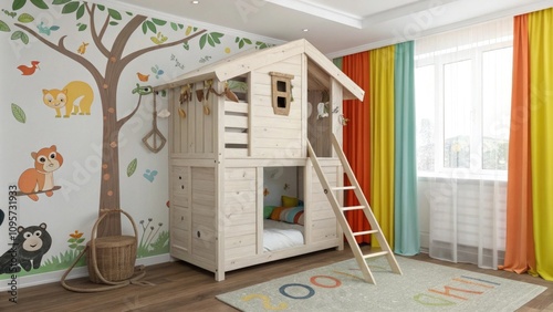 Charming children's room with a wooden playhouse and vibrant decor