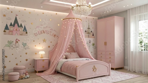 Whimsical pink princess bedroom with fairy tale decor
