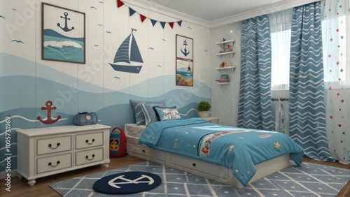 Nautical-themed children's bedroom with blue decor