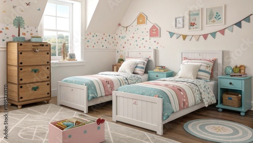 Cozy children's bedroom with twin beds and playful decor