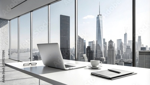 Modern workspace with a stunning city skyline view