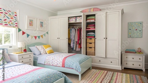 Charming children's bedroom with playful decor and storage