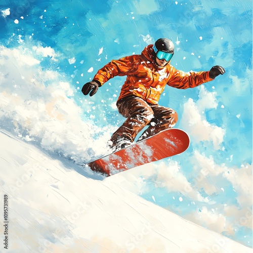 Snowboarder performing a trick on a snowy slope against a bright blue sky.