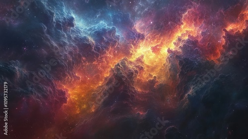 A vibrant cosmic scene filled with colorful nebulae and swirling clouds of gas and dust.