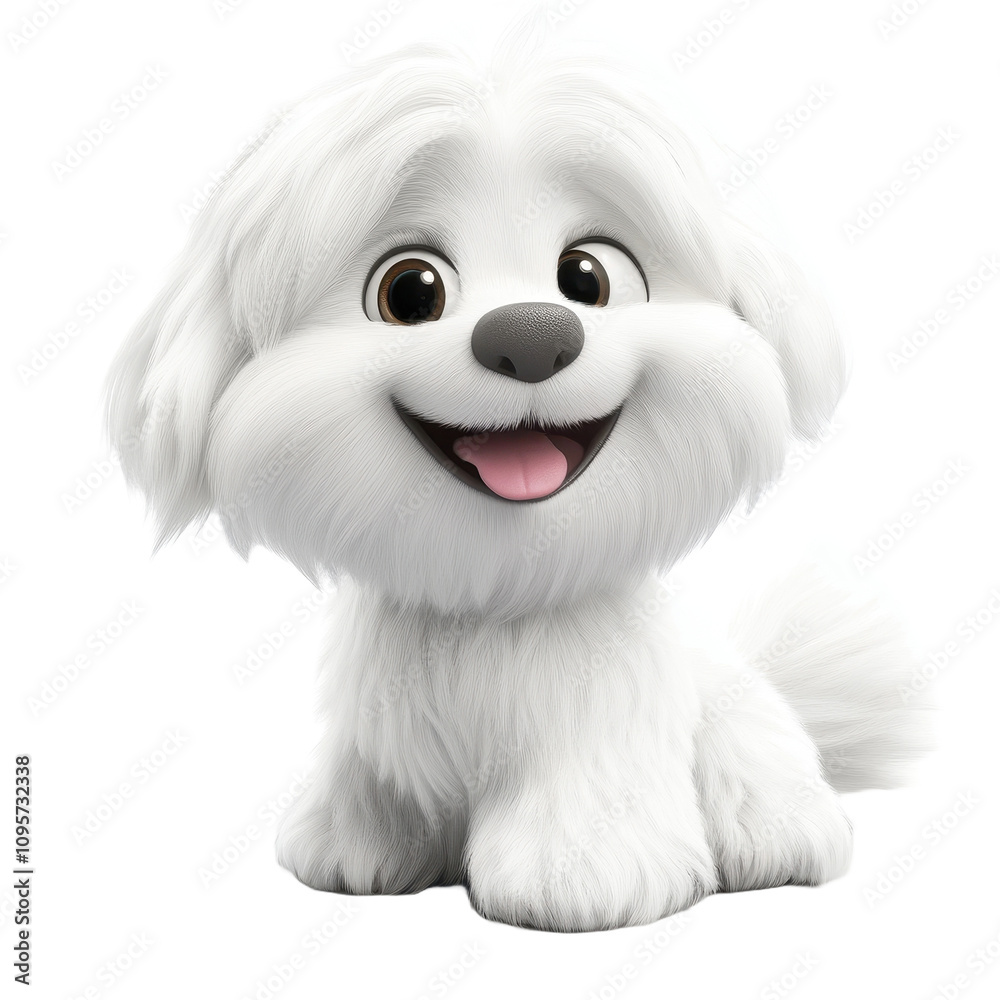 A digitally rendered image of a cheerful white fluffy puppy sitting and smiling. A digitally rendered image of a cheerful white fluffy puppy sitting and smiling.