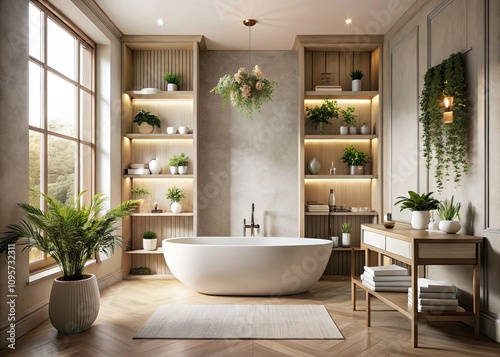 Minimalist Light Bathroom Interior with Bathtub, Shelving Unit, and Flowers - 3D Render for Modern Home Decor Inspiration