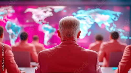 Military leaders convene in a high-tech war room, strategizing global conflict with a red world map backdrop photo