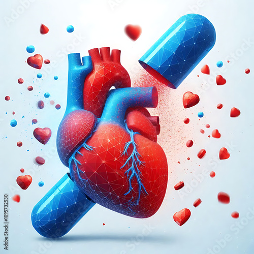 Abstract red human heart organ and opened blue medical drug capsule with falling particles . Healthcare medical pharmacy concept. Low poly style. Geometric background. Modern 3d graphic. Vector
 photo