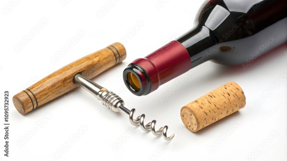 Corkscrew Removed Cork From a Standard Wine Bottle With Wooden Handle in Kitchen Setting. Generative AI Corkscrew Removed Cork From a Standard Wine Bottle With Wooden Handle in Kitchen Setting. Generative AI