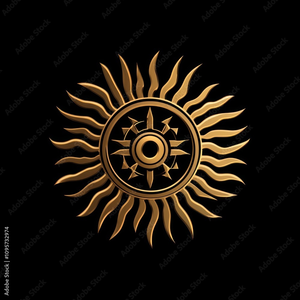 Fototapeta premium A stylized sun emblem featuring radiating rays and a central circle.