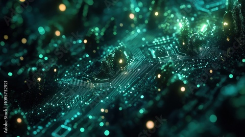 A close-up view of a futuristic circuit board illuminated with glowing elements.