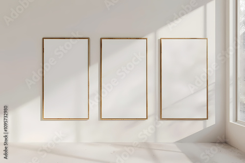 Three empty frames with golden borders against a softly lit wall, inviting creativity and artistic expression.