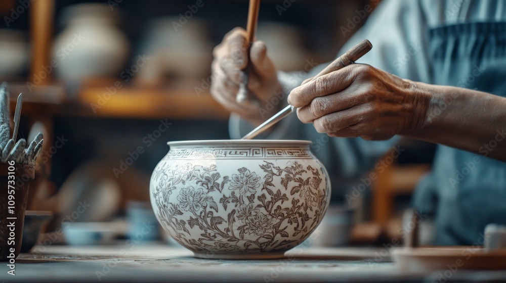 Fine carving tool etching traditional Chinese patterns on pottery surface in artisan studio, detailed craftsmanship with blurred shelves in background highlighting traditional artistic techniques.