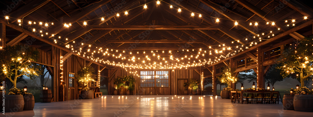 Fototapeta premium A beautifully lit barn venue featuring warm fairy lights, creating a cozy atmosphere ideal for weddings or events.