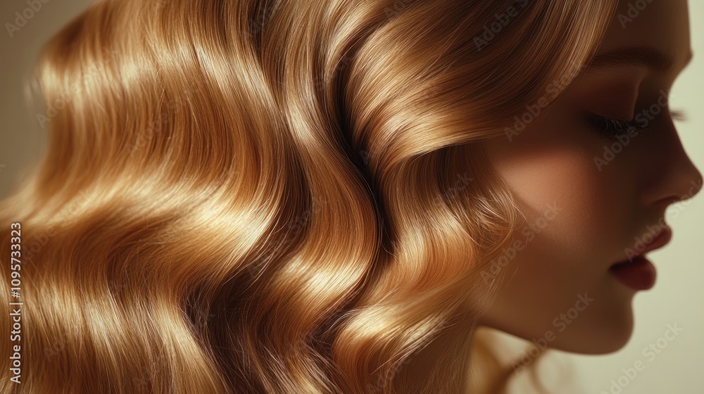 A close-up profile of a person with beautifully styled, wavy, golden hair. A close-up profile of a person with beautifully styled, wavy, golden hair.