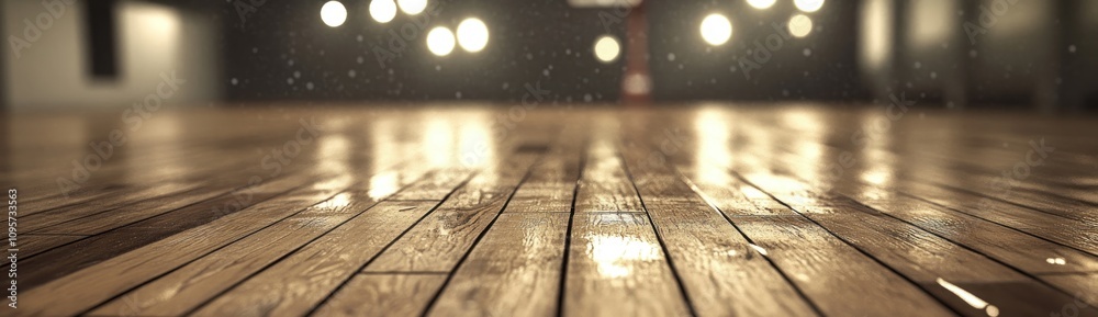 A close-up view of a wet wooden floor reflecting light in a dimly lit space.