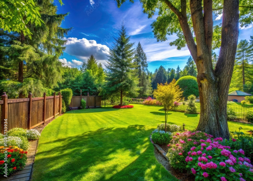 Obraz premium Lush Green Large Fenced Backyard Surrounded by Majestic Trees - Ideal for Gardening, Outdoor Activities, and Relaxation in a Peaceful Natural Setting