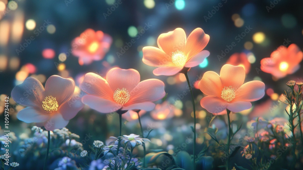 A serene garden scene with glowing flowers amidst a dreamy, softly lit background. A serene garden scene with glowing flowers amidst a dreamy, softly lit background.