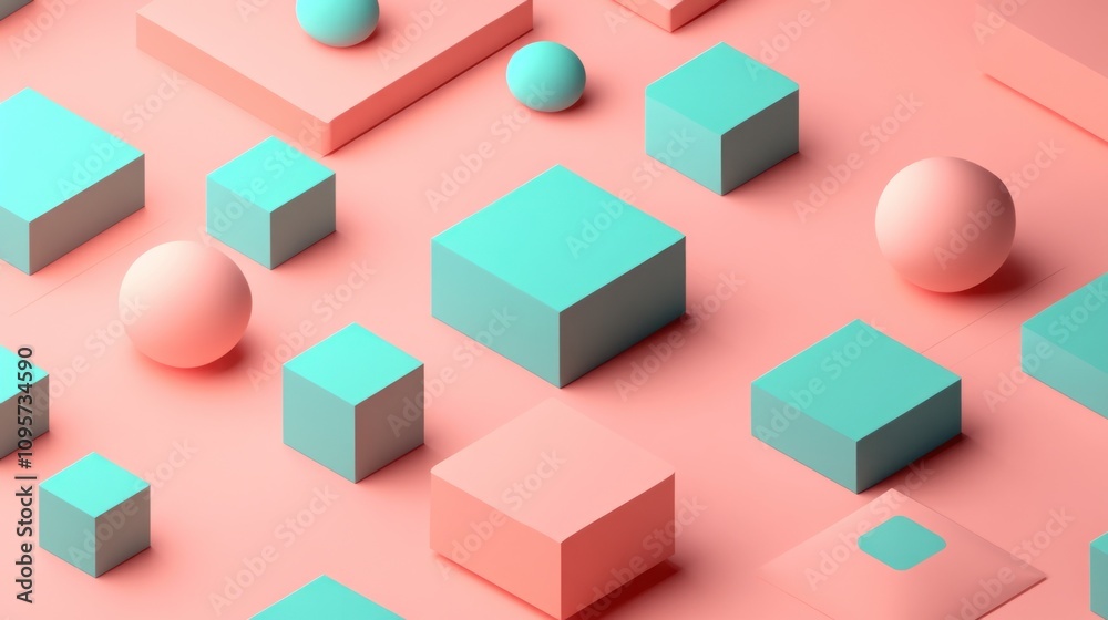 A vibrant arrangement of geometric shapes in pastel colors on a textured surface. A vibrant arrangement of geometric shapes in pastel colors on a textured surface.