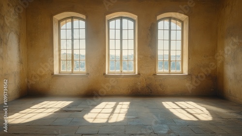 A sunlit room with three large windows casting shadows on the floor.