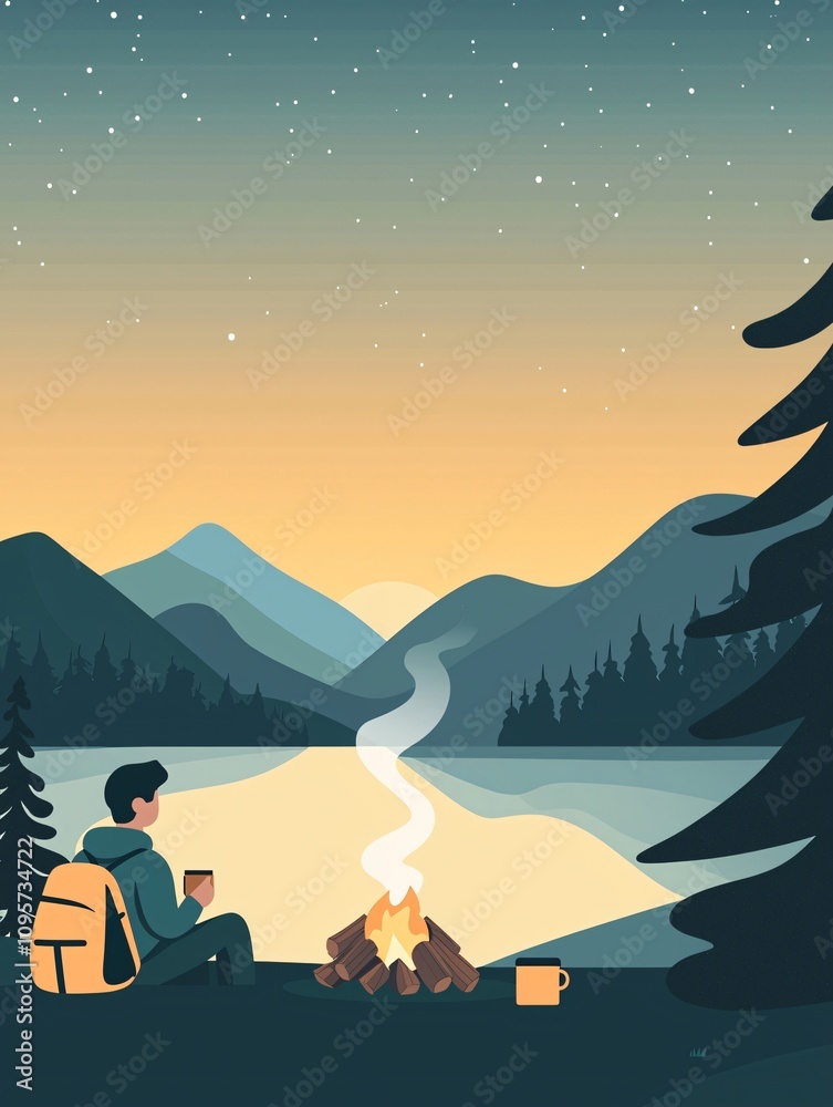 Cartoon Character Enjoying a Cozy Campfire by the Lake at Dusk Illustrative Scene in a Serene Outdoor Setting Cartoon Character Enjoying a Cozy Campfire by the Lake at Dusk Illustrative Scene in a Serene Outdoor Setting