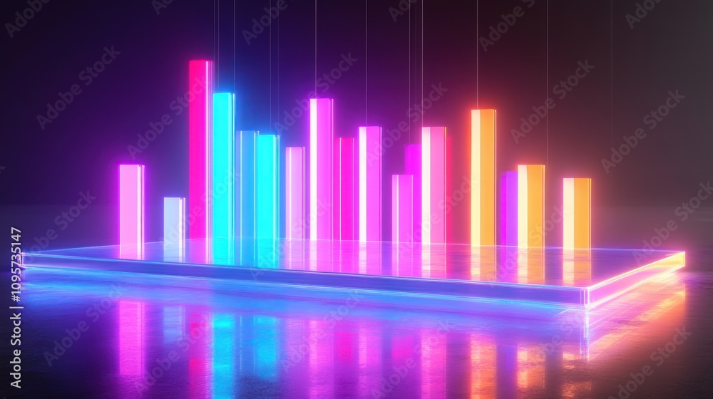 A vibrant 3D bar graph with neon colors, representing data visualization. A vibrant 3D bar graph with neon colors, representing data visualization.