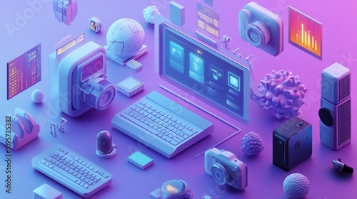 Isometric digital devices and data icons on purple background.