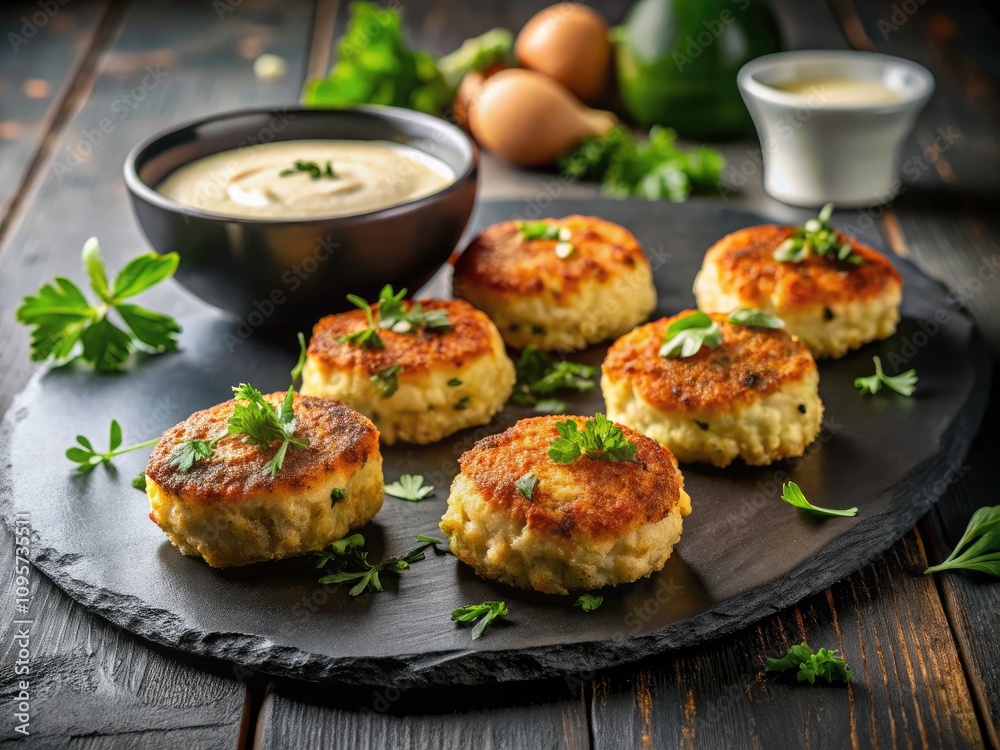 Gourmet Crab Cakes with Creamy Dipping Sauce on a Sleek Black Plate - Culinary Delight for Food Lovers Gourmet Crab Cakes with Creamy Dipping Sauce on a Sleek Black Plate - Culinary Delight for Food Lovers