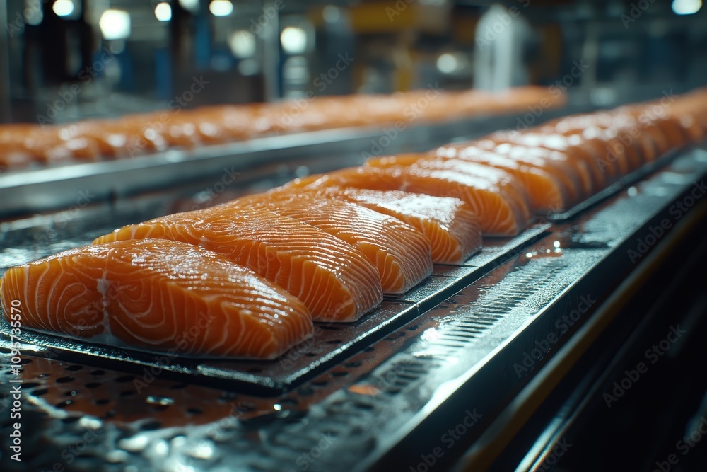 Fresh salmon fillets on conveyor belt. Shows salmon processing in a factory; ideal for food industry, packaging, or seafood articles. Fresh salmon fillets on conveyor belt. Shows salmon processing in a factory; ideal for food industry, packaging, or seafood articles.