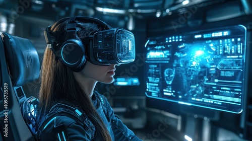 A person using virtual reality gear, immersed in a high-tech digital environment.