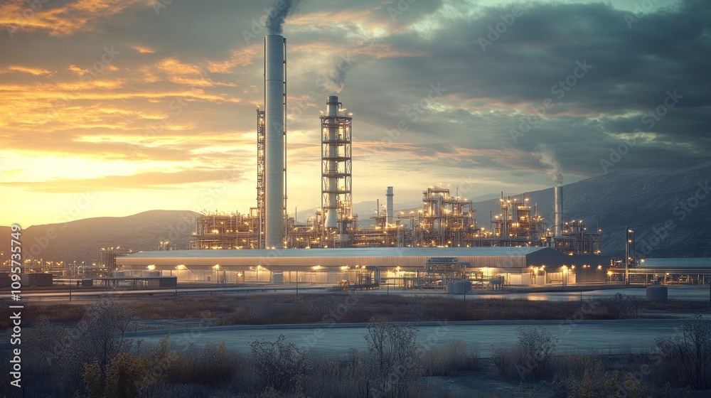 Fototapeta premium Industrial facility at sunset with smoke stacks and illuminated structures.