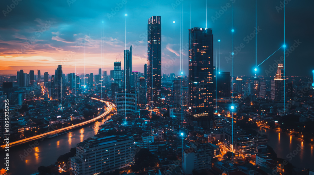 Fototapeta premium Smart digital Innovation city with connection network reciprocity over the cityscape. of future smart wireless digital city and social media networking systems that connects people with in city