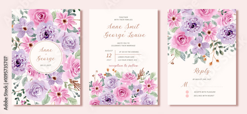 wedding invitation set with delicate purple pink floral watercolor background
