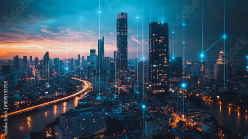 Wallpaper Mural Smart digital Innovation city with connection network reciprocity over the cityscape. of future smart wireless digital city and social media networking systems that connects people with in city Torontodigital.ca