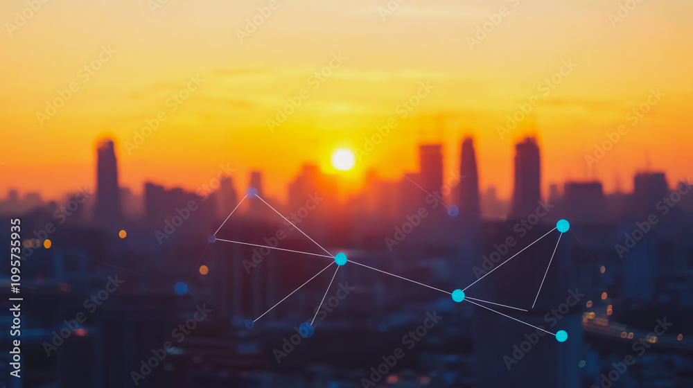 Obraz premium Smart digital Innovation city with connection network reciprocity over the cityscape. of future smart wireless digital city and social media networking systems that connects people with in city