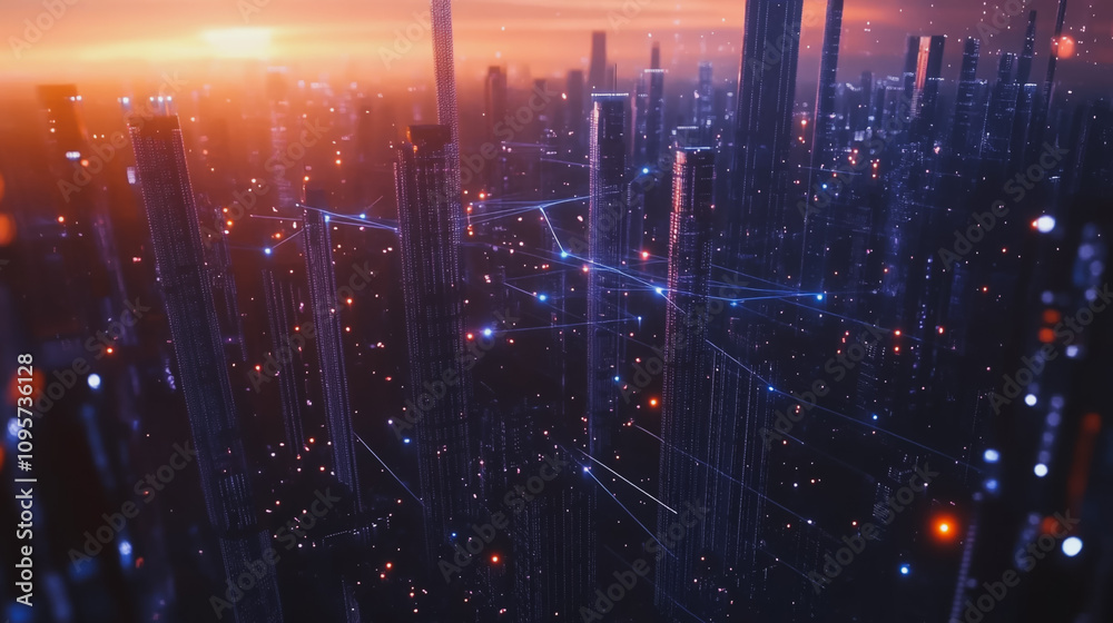 Fototapeta premium Smart digital Innovation city with connection network reciprocity over the cityscape. of future smart wireless digital city and social media networking systems that connects people with in city