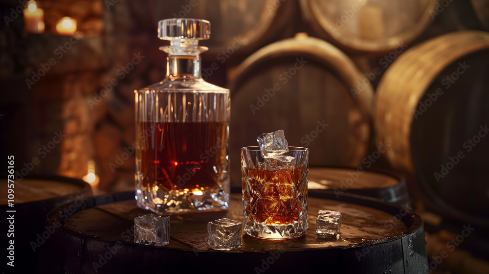 Whiskey Decanter and Glass with Ice Cubes in Rustic Barrel Storage Room Whiskey Decanter and Glass with Ice Cubes in Rustic Barrel Storage Room