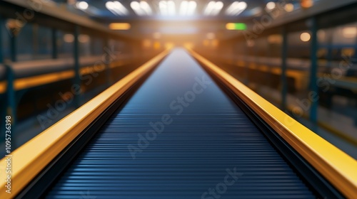 Wallpaper Mural A conveyor belt stretches into an industrial space, illuminated by soft lighting, creating a sense of depth and motion. Torontodigital.ca