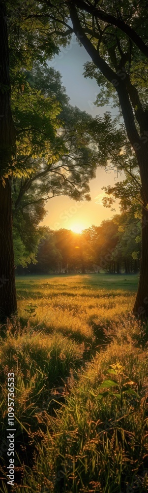 Naklejka premium Trees in a field with a sunset in the background
