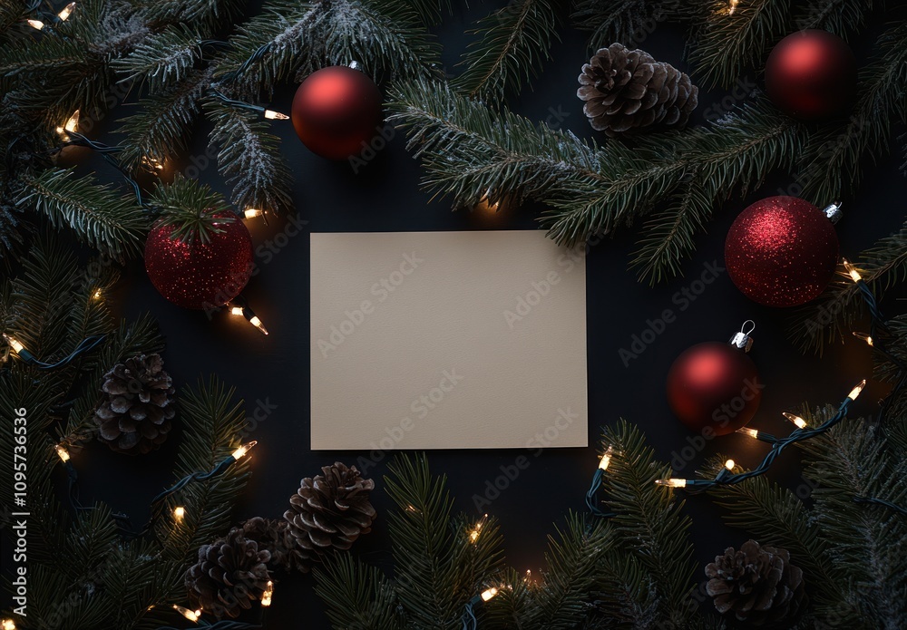 A blank card surrounded by festive decorations and pinecones on a dark background.